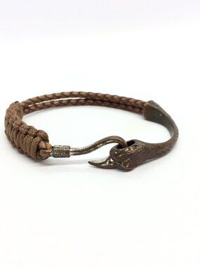 LEATHER SNAKE BRACELET Copper Tone Serpent Hook Brown Braided Unisex Biker